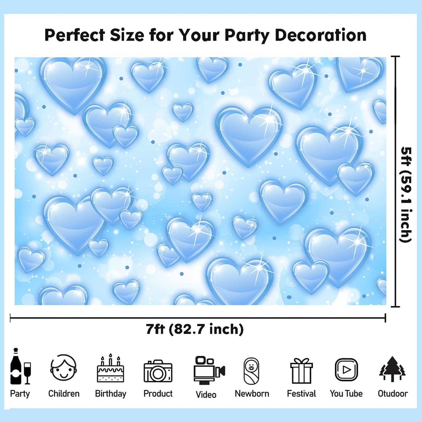 Sensfun 7x5ft Light Blue Heart Backdrop Early 2000s Party Decorations Old School Backdrops Valentines Day 90s Hearts Y2K Birthday Party Banner Newborn Photography Background Selfile Photo Booth Props
