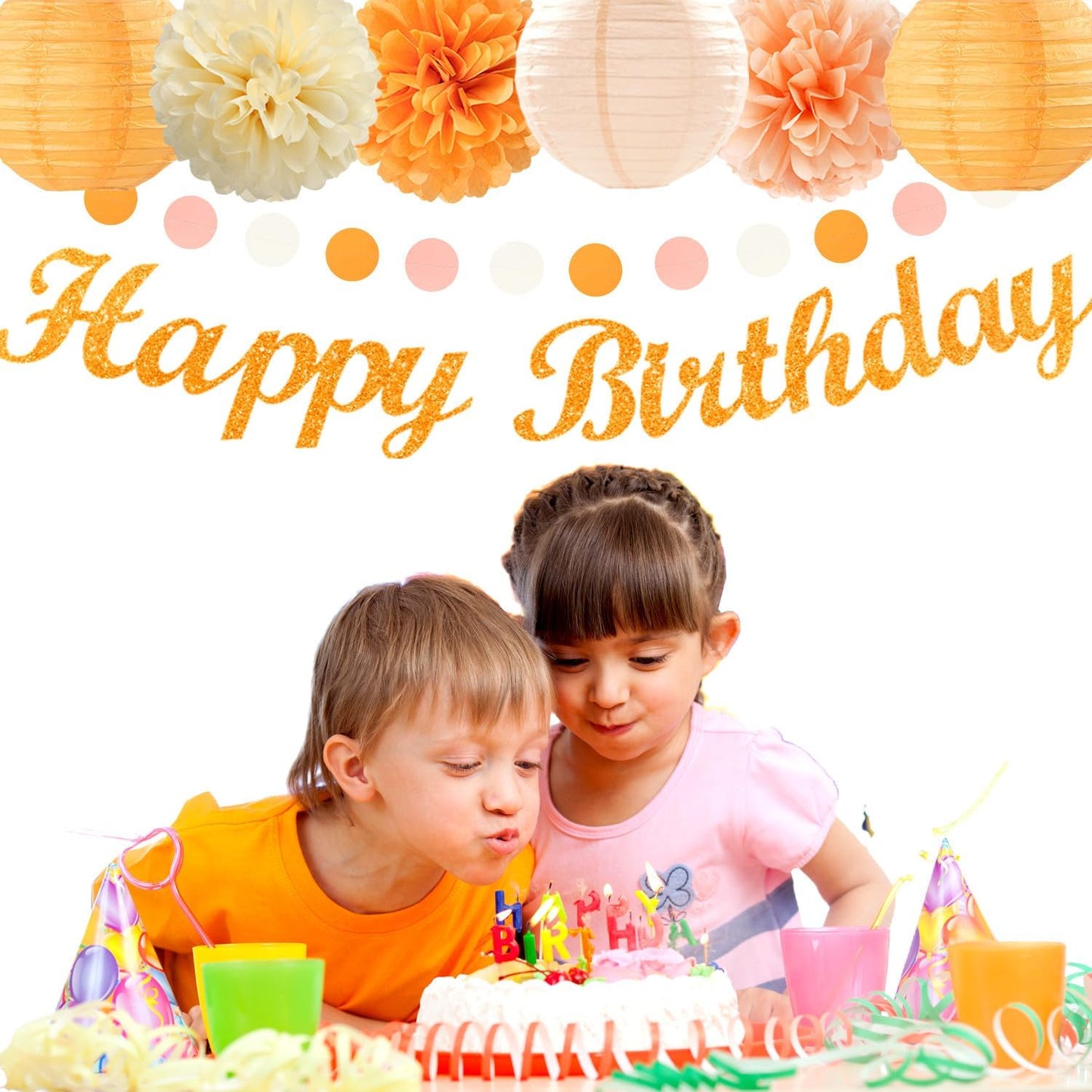 Orange-Peach Beige First Happy-Birthday Party-Decorations - 31pcs 20th Women Girls Bohemian Groovy Paper Lanterns Streamers Banner,Tissue Pom Poms Decor,Fall Boho Fans Tassels Graland Backdrop Hugmoon