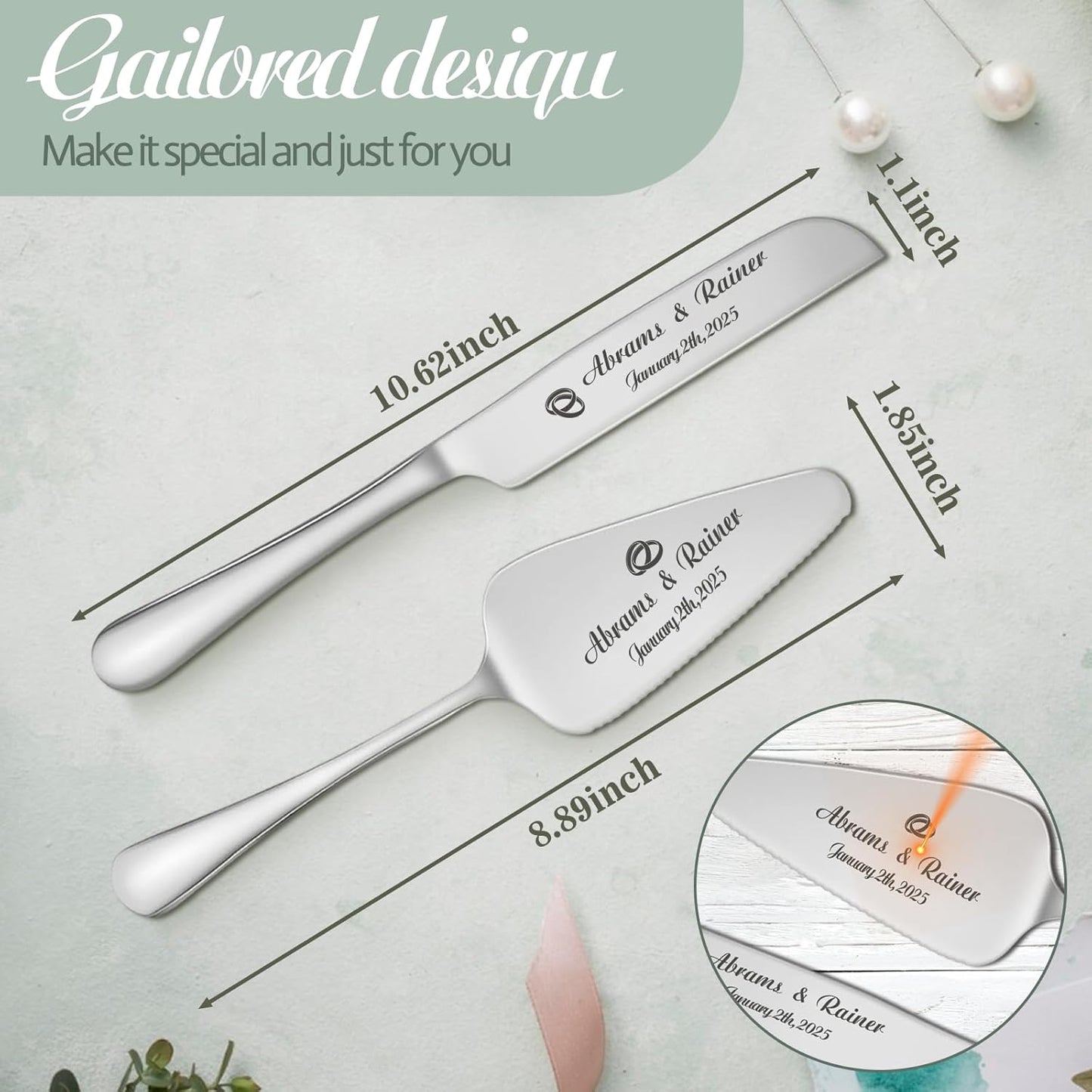 Personalized Wedding Cake Knife and Server Set - Custom Name Engraved Cutting Set with Elegant Gift Box, Ideal for Bridal Wedding Anniversary Birthday Gifts (Regular handle)