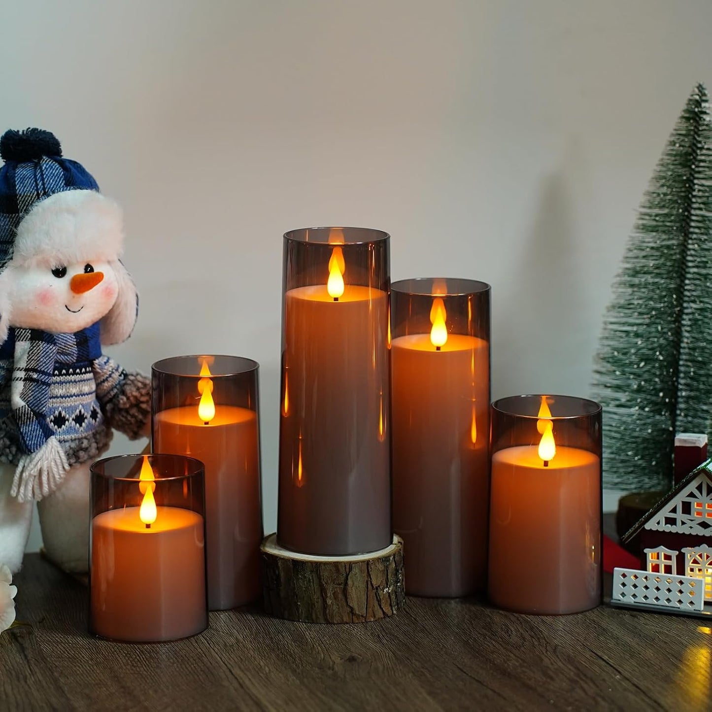 Fo32won Grey LED Flameless Pillar Candles Battery Operated with Remote and Timer, Set of 5 (D 3"×H 4" 5" 6" 8" 8") Decorative Plexiglass Flickering Candles with 3D Flame
