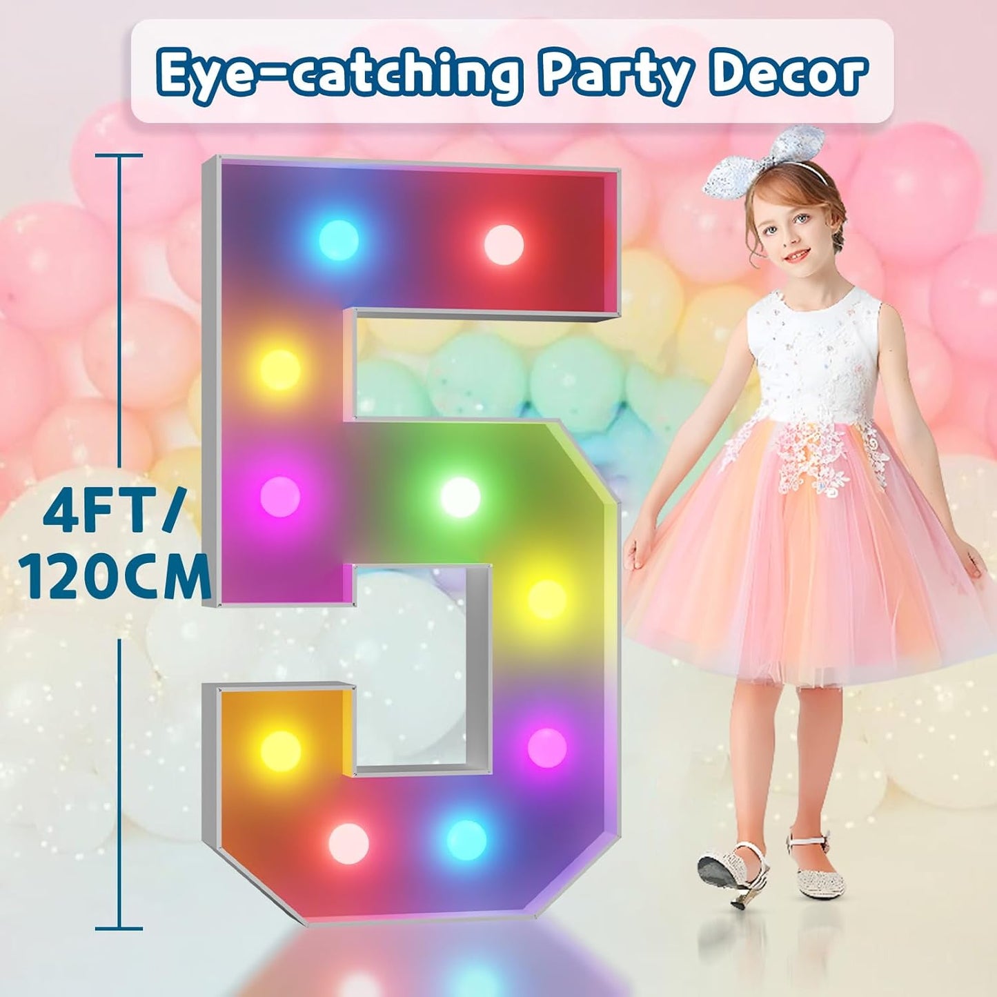 imprsv 4FT Colorful Marquee Numbers,18 Colors Number 5 with Remote, Light Up Numbers Sign for 50th Birthday Decorations Anniversary Party Decor, Pre-Cut Foam Board Kit, Mosaic Sign for Balloon