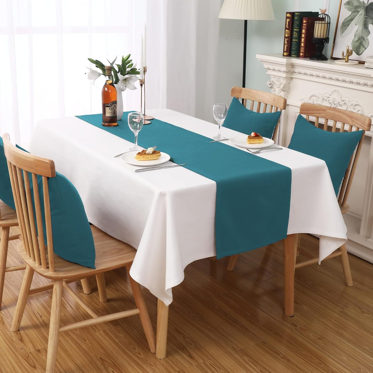 DUALIFE Teal Table Runner 14x72 inch Solid Color Thick Polyester Decorative Cloth Handcrafted for Wedding Party Birthday Graduations Hotel Restaurant Banquet Catering Services Event