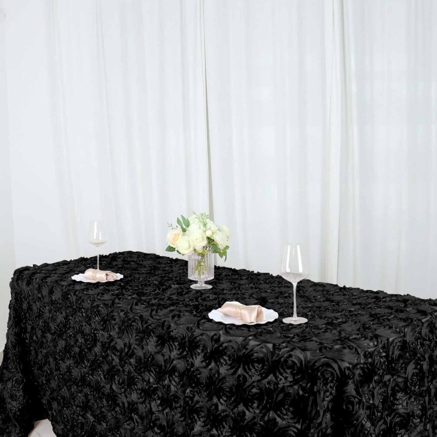 Efavormart 90"x132" Wholesale Rectangle Table Cover Black Grandiose Rosette 3D Satin Tablecloth for Wedding Party Event