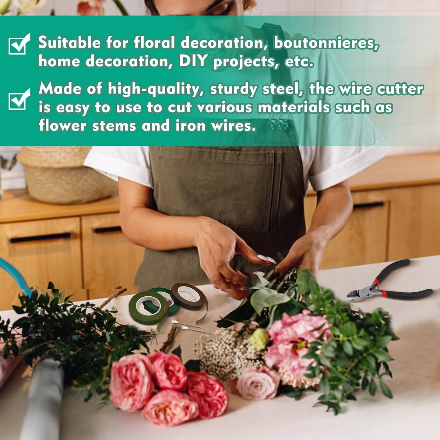 Floral Tape and Wire, Green Floral Tape, Arrangement Tools Kit with Wire Cutter, 22 Guage Paddle Wire 26 Gauge Flower Wire Set, Boutonniere Pin for Bouquets, Crafts, Wrap Florist