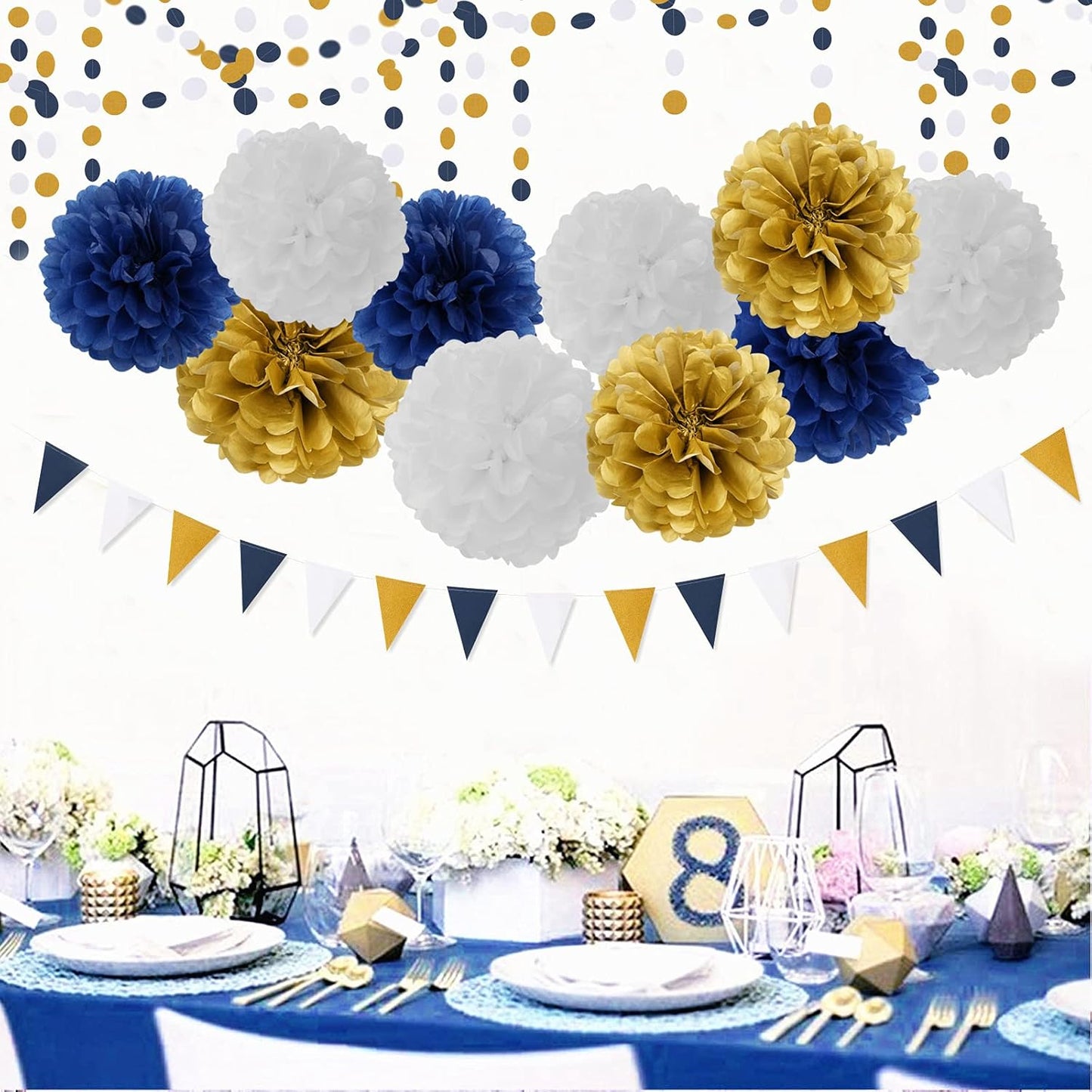 Navy-Blue White Gold Paper Flowers - 15pcs 5 Size Tissue Paper Pom-Poms,Men Birthday Graduation Bachelorette Decorations Baby Boy Room Hanging Decor Engagement Party Backdrop Decoration Panduola