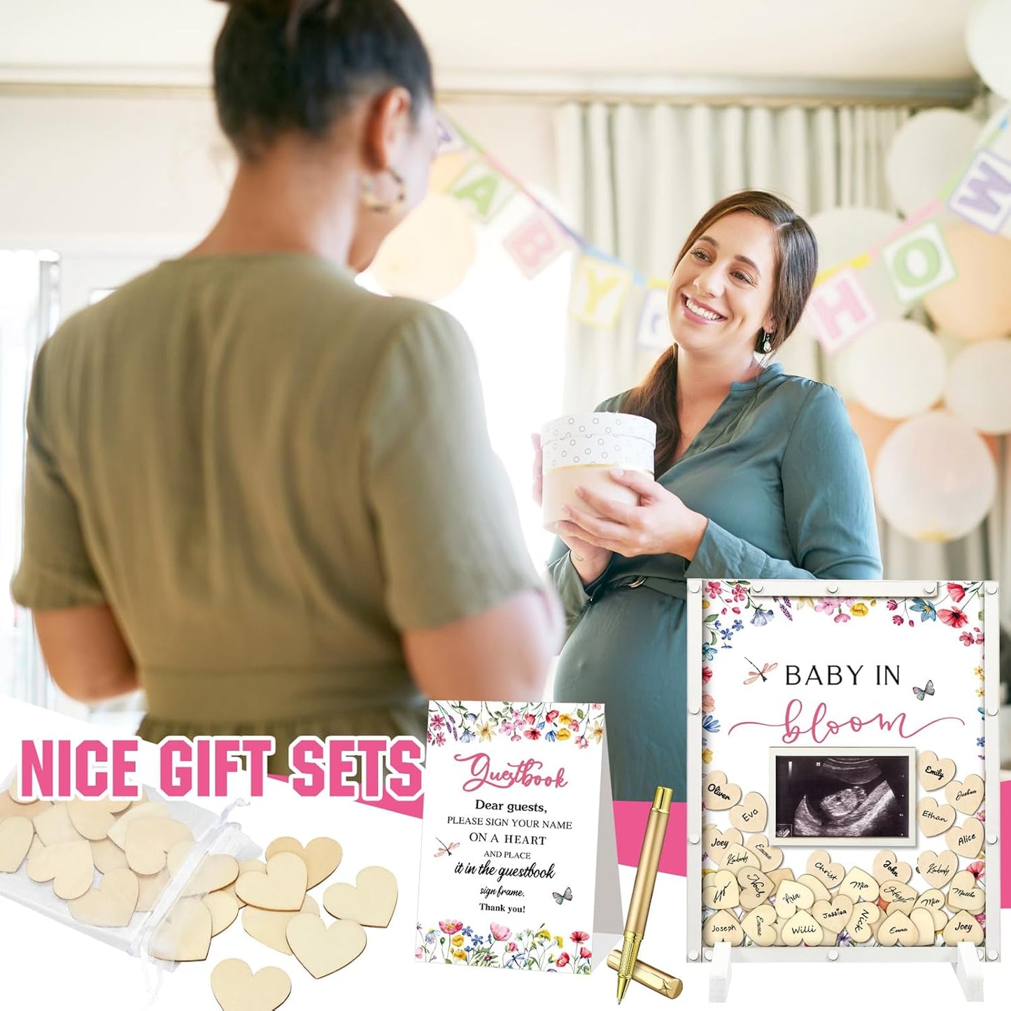 65 Pcs Wildflower Baby Shower Guest Book Alternatives He or She Gender Reveal Baby Shower Decorations Sign in Guest Book with Picture Frame and 60 Wooden Chip