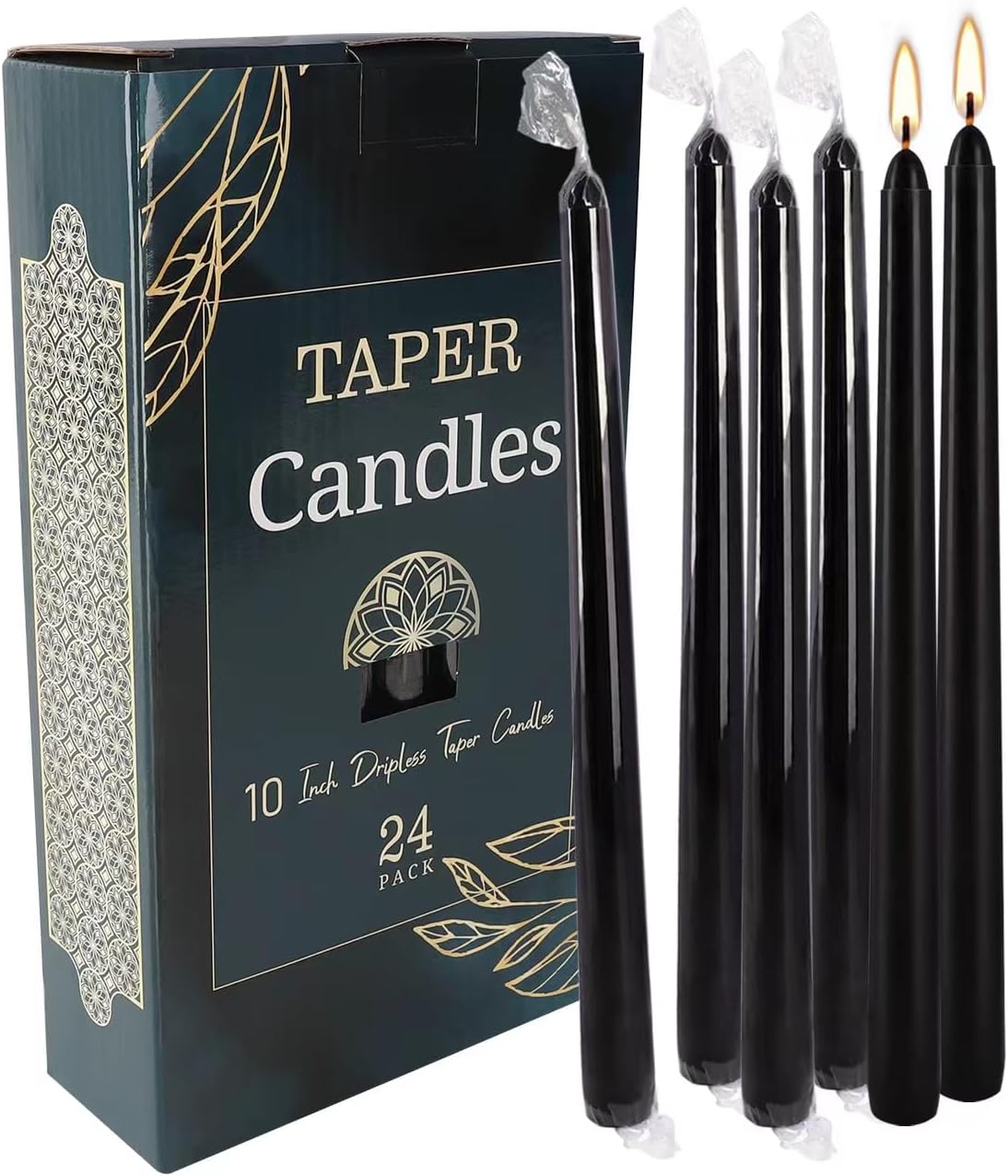 24 Pack Black Taper Candles, 7-8 Hours Burn Time, Unscented, Smokeless and Dripless, 0.75 x 10 Inch Dinner Candle Set for Halloween, Household, Wedding, Party and Home Décor Candlesticks