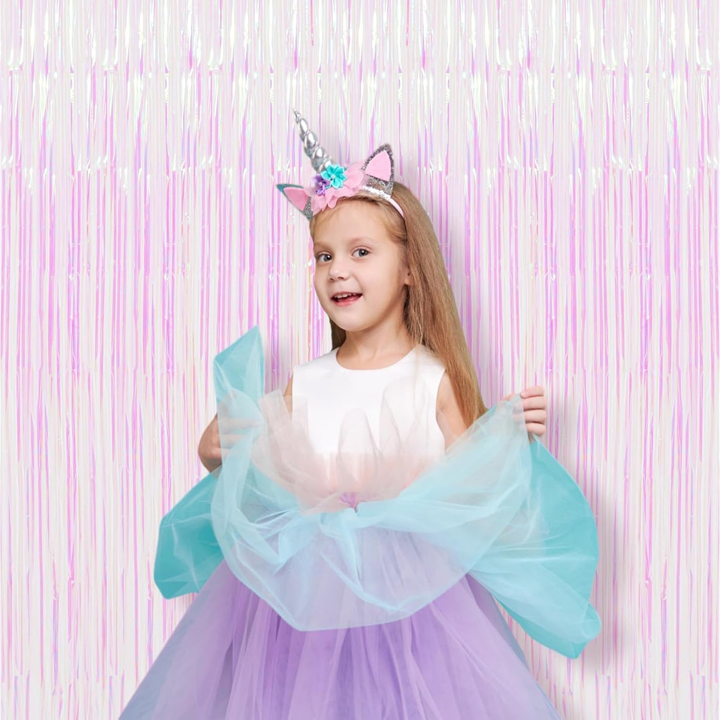 2 Pack Iridescent Tinsel Foil Fringe Curtains, Iridescent Party Decorations, Metallic Tinsel Party Streamers Backdrop for Mermaid Birthday Baby Shower Slumber Wedding Party Decorations