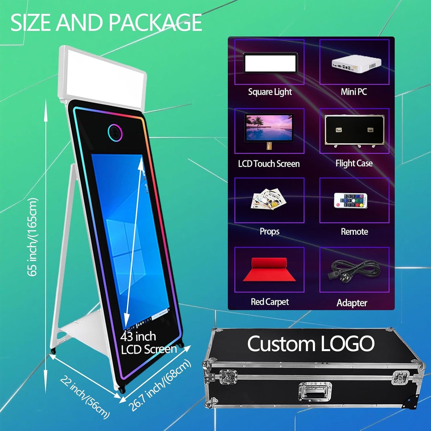 65''Magic Mirror Photo Booth Machine,Mirror Photo Booth 43''Touch Screen,Photo Booth with Flight Case,App Control,RGB Light for Wedding Party Events (White, Machine+Camera)