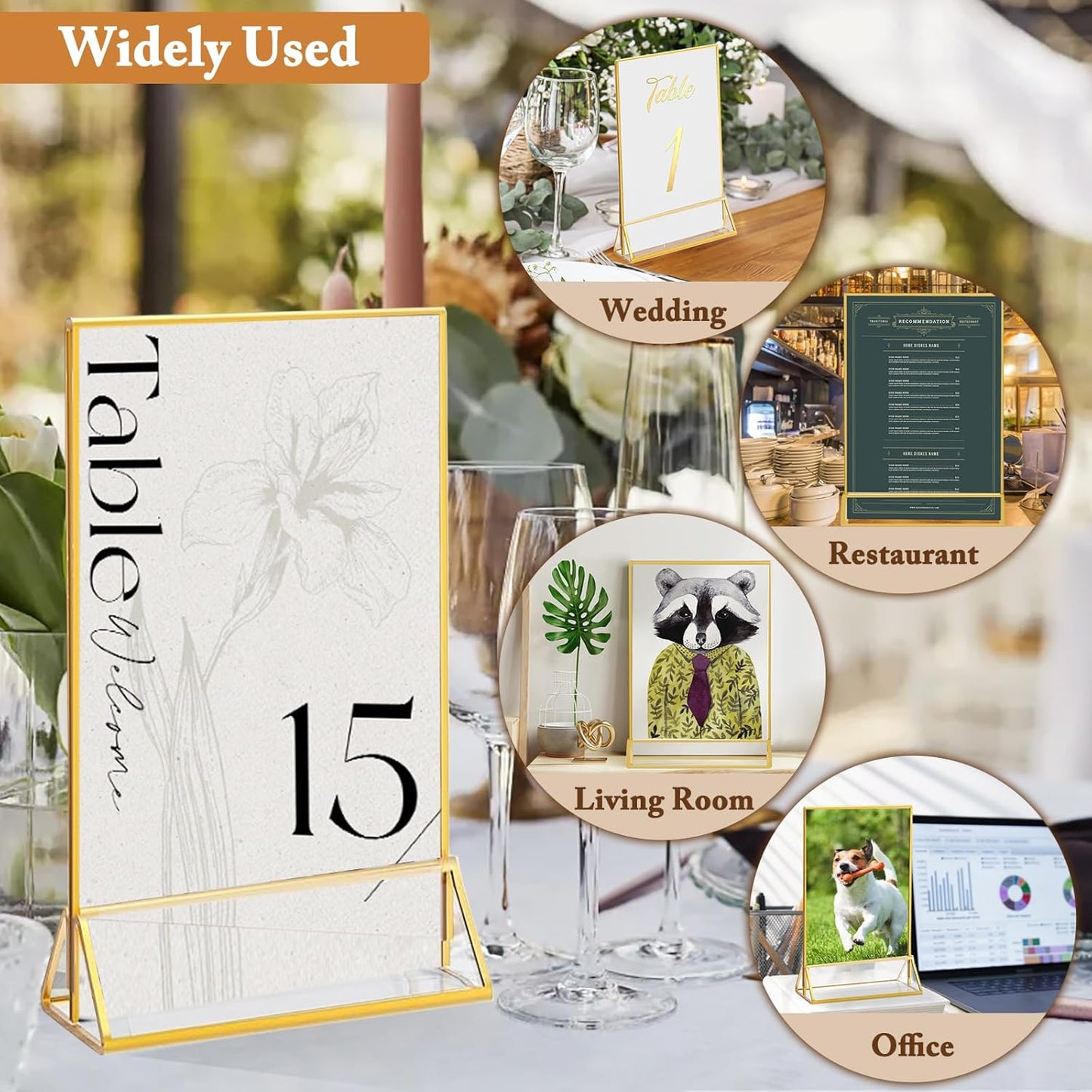 Floroom 6 Pack 4x6 Inch Clear Acrylic Sign Holders, Double-Sided Gold Display Stand Picture Frames for Table Numbers, Menus, Flyers, Weddings, and Offices