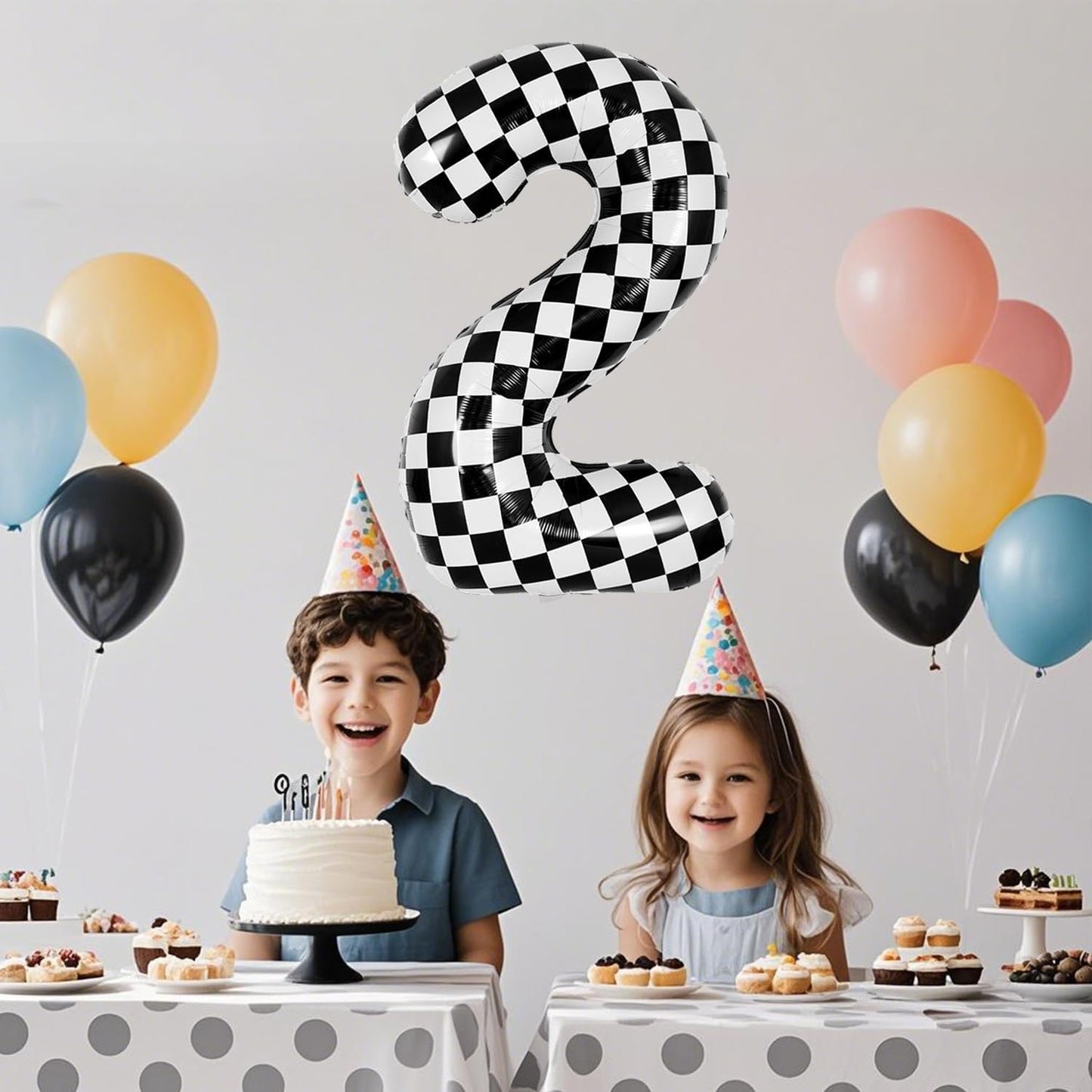 40 Inch Checkered Number Balloon - Race Flag Pattern Big Helium Balloon for Birthday Party Decorations - Black & White Balloon for Kids Adults Party Supplies (Racing Car, Number 2)