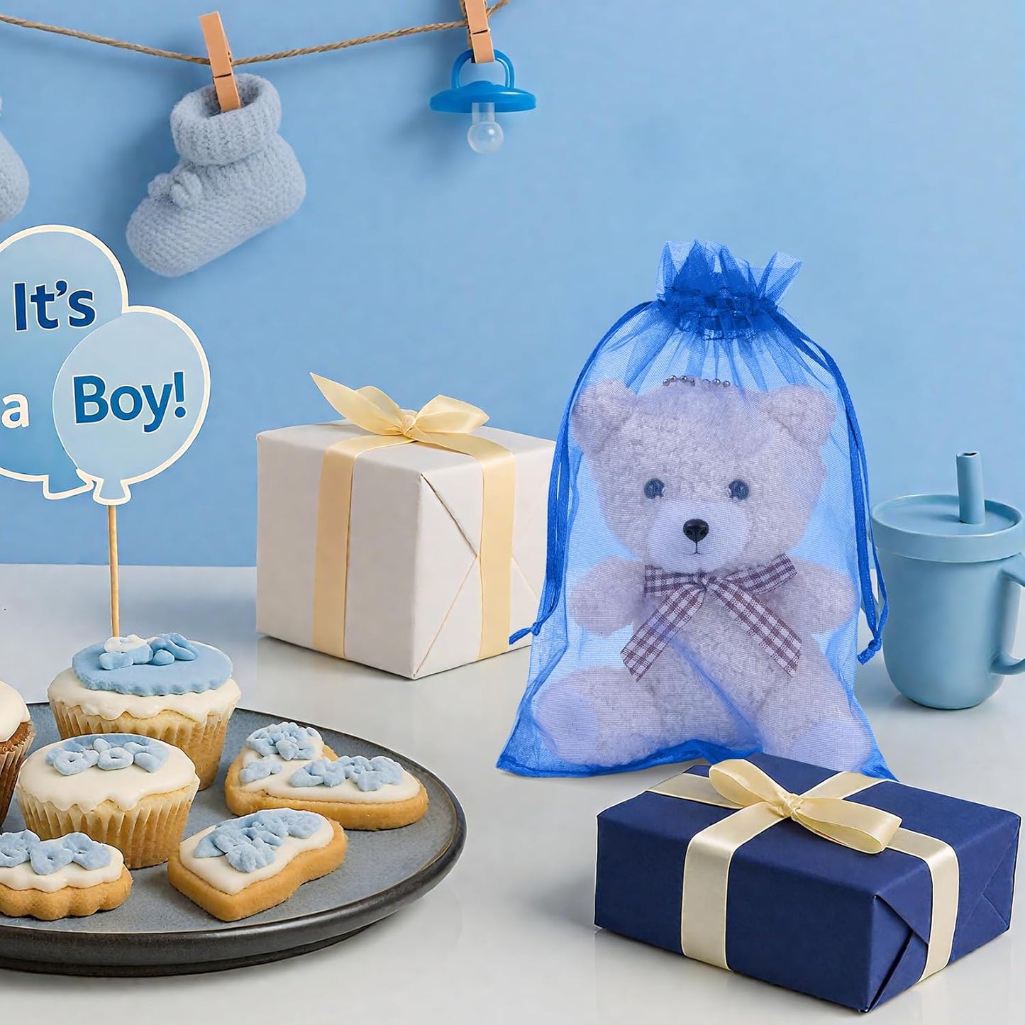 ANZNKU 100 Pack Organza Bags 4x6 Inch, Small Mesh Bag Drawstring Jewelry Pouches, Organza Gift Bags for Baby Shower, Party Favors(Royal Blue)