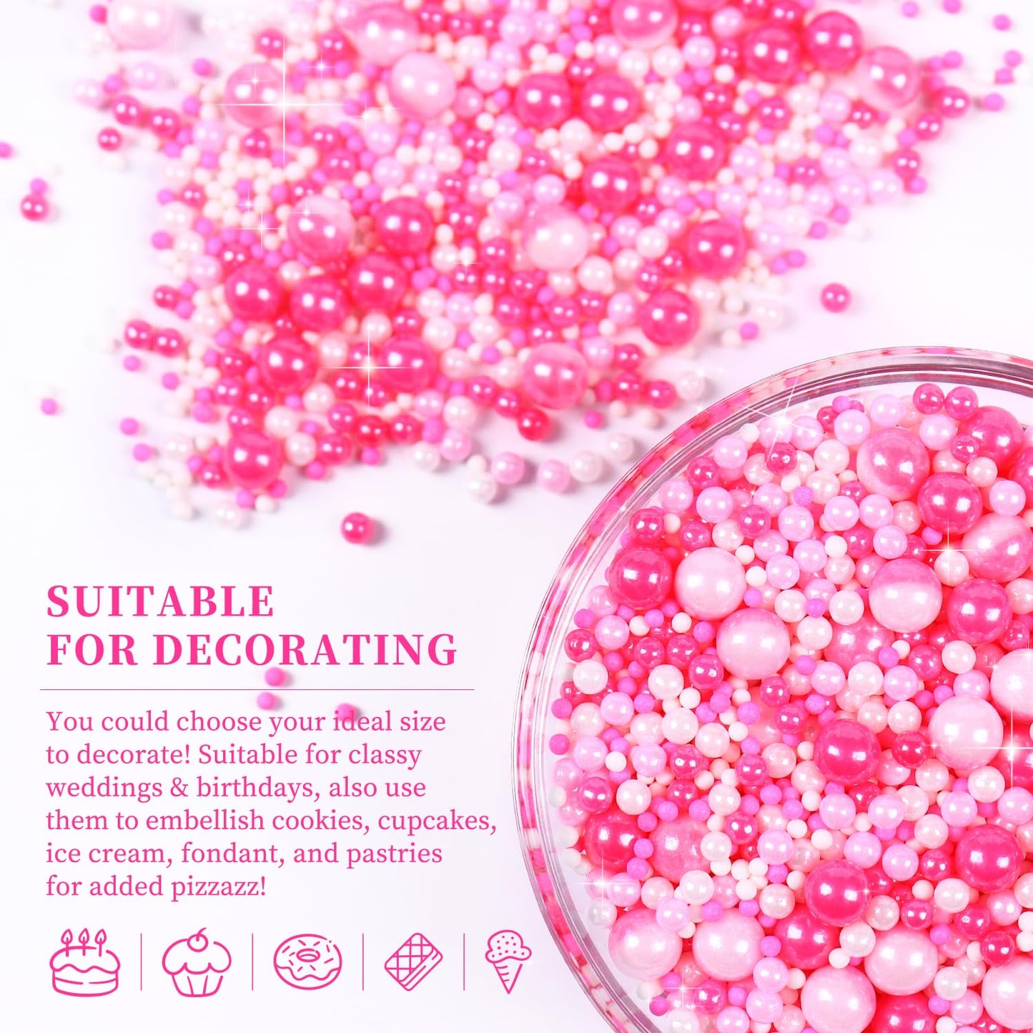 Edible Pink Sprinkles for Cake Decorating, Pearl Sprinkles, Edible Pearls, Cake Pearls for Baby Showers, Weddings, Birthdays, Gender Reveal, valentines, Mother's Day, and princess parties(120g/4.23oz)