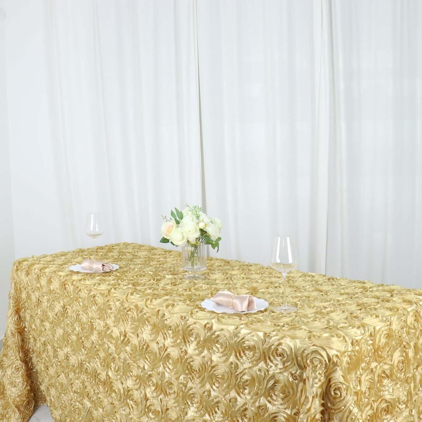 Efavormart 90"x132" Wholesale Rectangle Table Cover Champagne Grandiose Rosette 3D Satin Tablecloth for Wedding Party Event