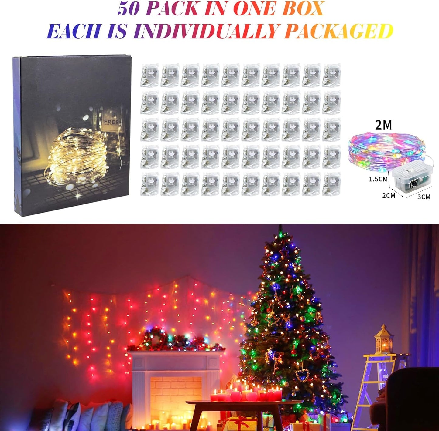 ZGWJ 50 Pack Fairy Lights Battery Operated, 7ft 20 Mini LED Fairy String Lights Silver Wire 3 Modes for DIY, Parties, Wedding, Bedroom, Halloween Christmas Decoration Multicolor
