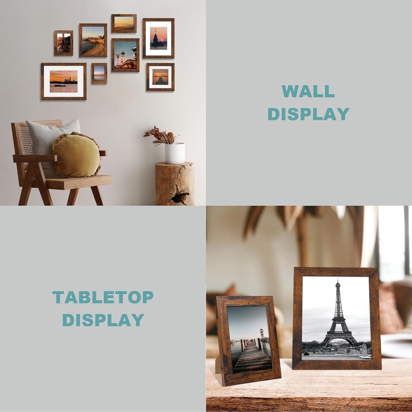 9x12 Picture Frame Set of 4 with Tempered Glass, Wooden Rustic Frame Display 6x8 Pictures with Mat or 9 x 12 Without Mat, Photo Frame for Wall Mount and Tabletop Display