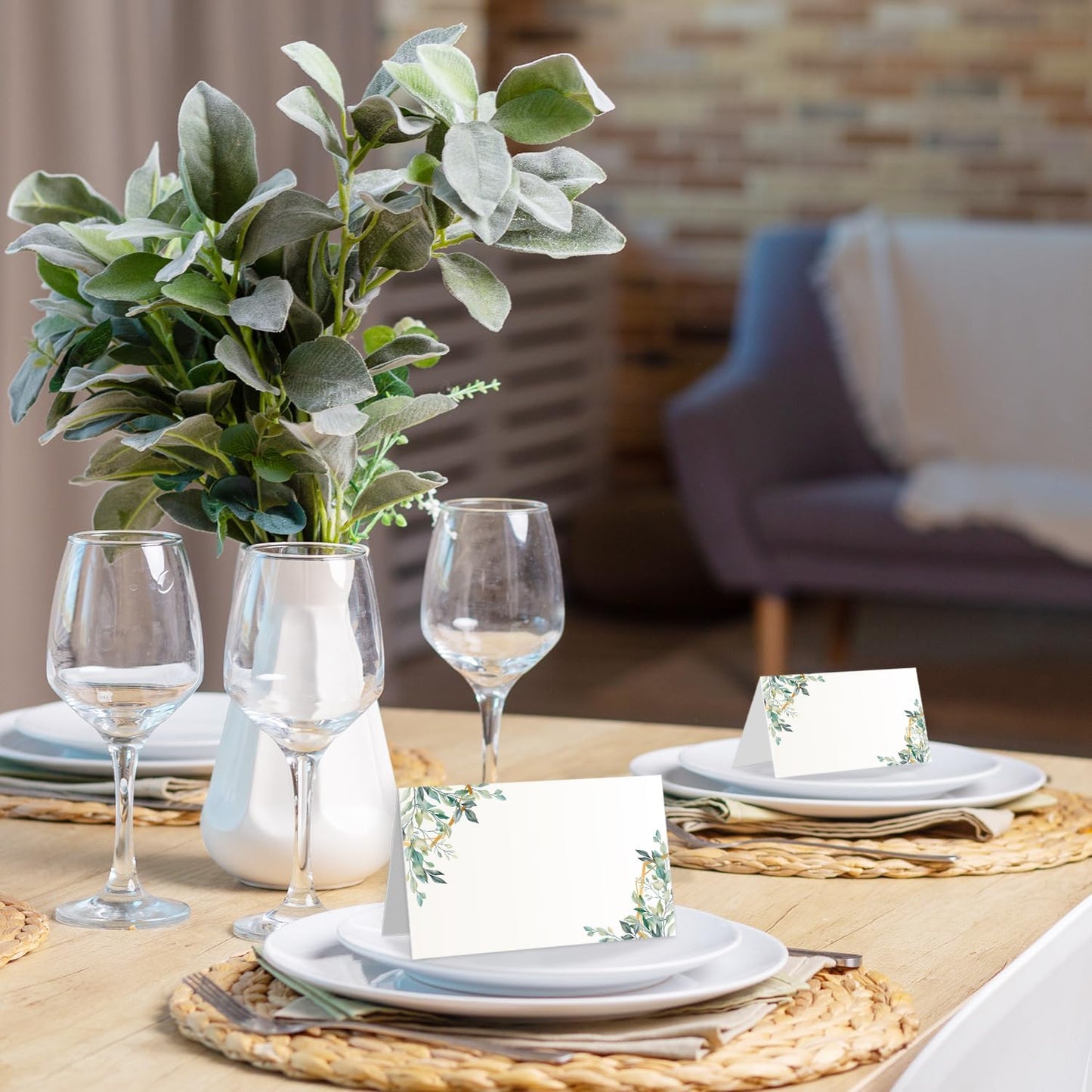 25 Pack Greenery Place Cards, Editable Name Cards for Table Setting, Tent Cards Food Label for Dinner Party, Bridal Shower, Wedding, Baby Shower and Events -T08