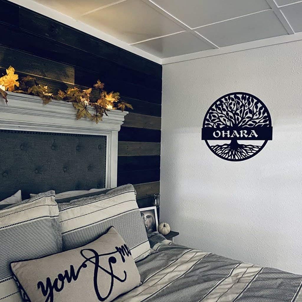 RealSteel Personalized Metal Wall Art - Custom Tree of Life Design with Family Name - Circular Metal Sign - Personalized Wedding, Anniversary, or Housewarming Gift - Black, 36"