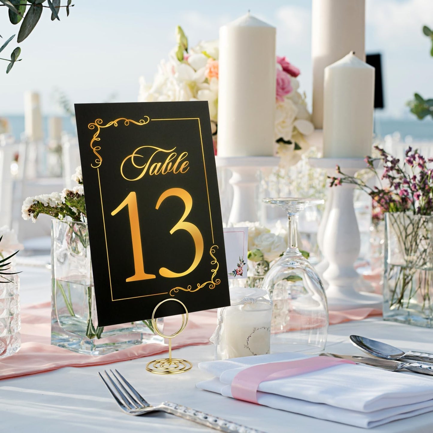 Wedding Table Numbers 1-40 and Head Table Card, Black Gold Cards with 41 Gold TableNumber Holders for Wedding Reception