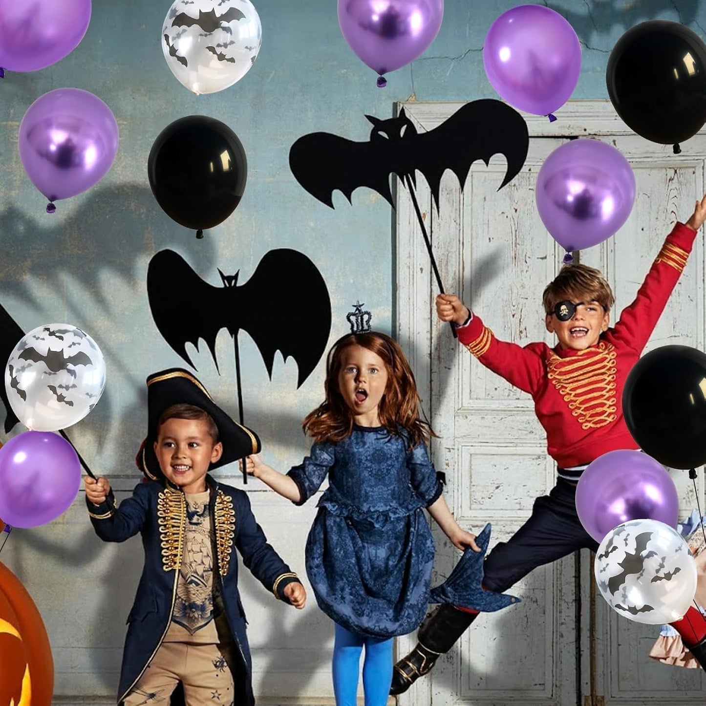 Halloween Balloons, 60PCS Purple and Black Balloons, Metallic Purple and Halloween Bat Printed Clear Balloon, Halloweens Latex Balloon for Boy Girl Birthday Party Decorations Indoor Outdoor