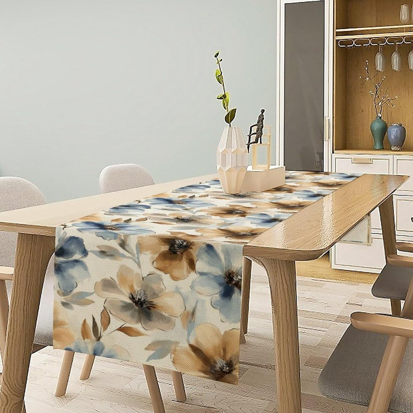 Poppy Floral Table Runner, Watercolor Brown Blue Flowers Blossom Summer Nature Table Runner for Kitchen Dinning Table Runner Decor Home Wedding Party Holiday, 13x90 Inch