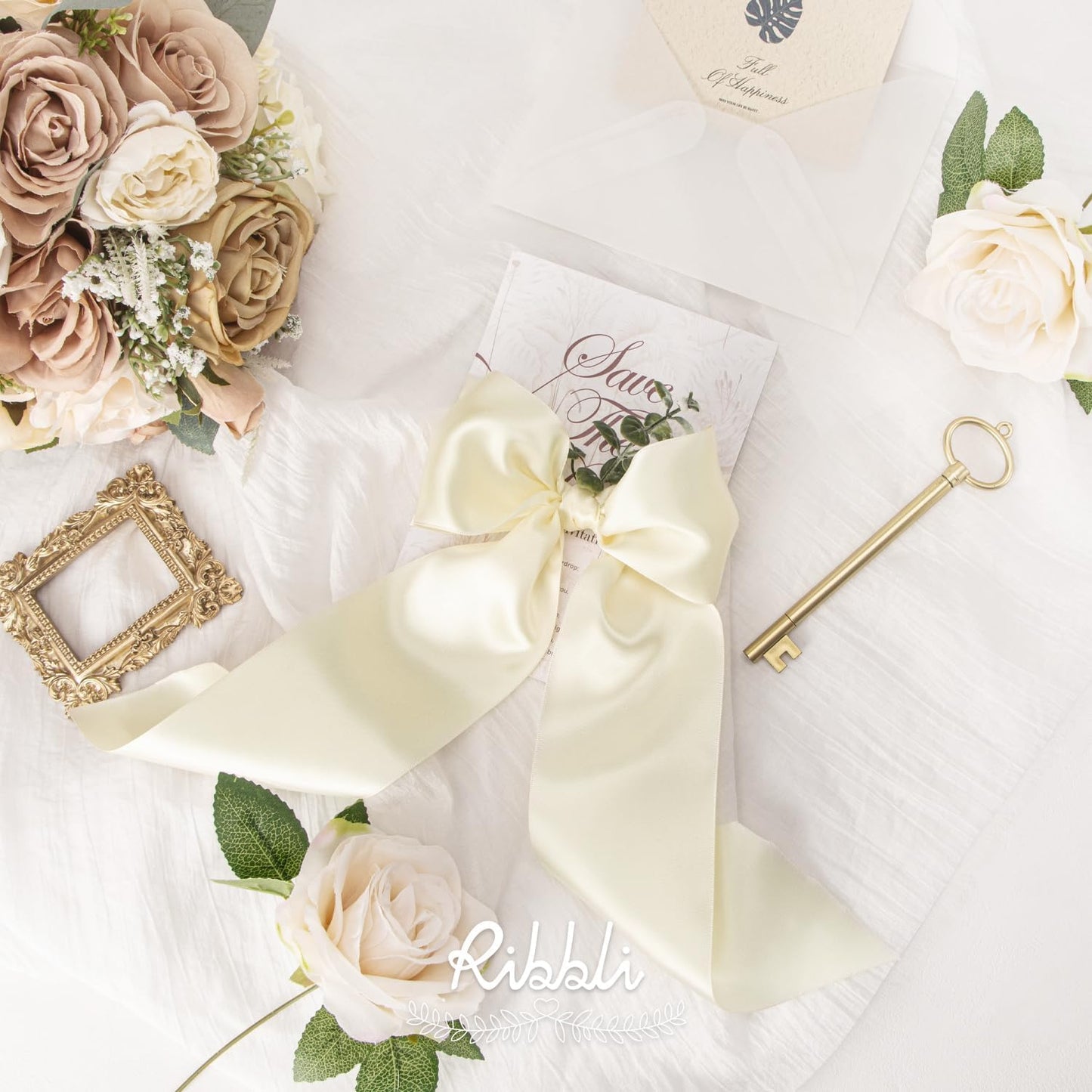 Ribbli Ivory Double Faced Satin Ribbon, 3” x Continuous 10 Yards,Use for Bows Bouquet,Gift Wrapping,Floral Arrangement,Wedding Decoration