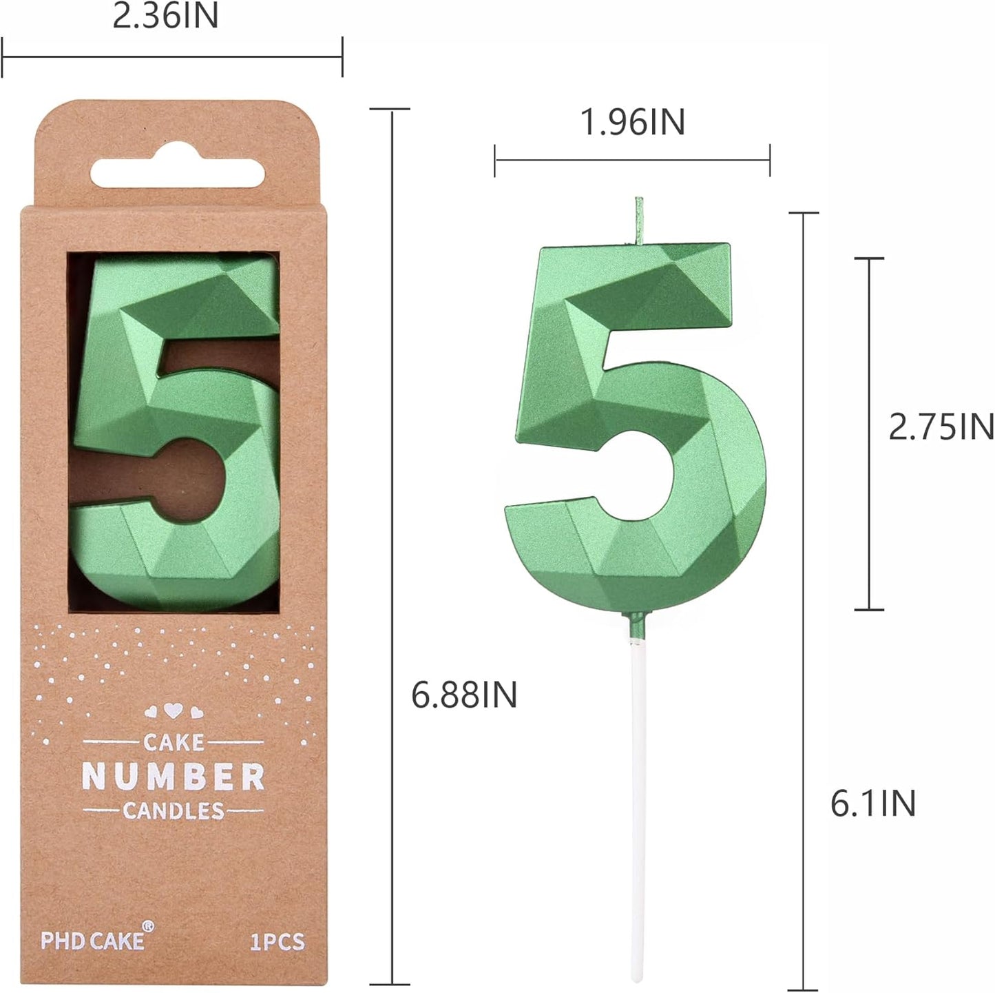 PHD CAKE 2.76 Inch Crystal Green 5 Number Cake Candle, Numeral Birthday Candles, Green Number Candles, Party Celebration