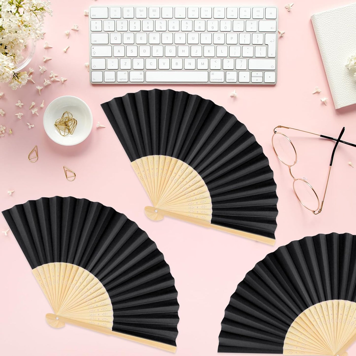 6 Pieces Black Hand Held Bamboo Folding Fans Foldable Paper Fans Handheld for Women Girls Wedding DIY Decoration Church Home Party Favors Summer