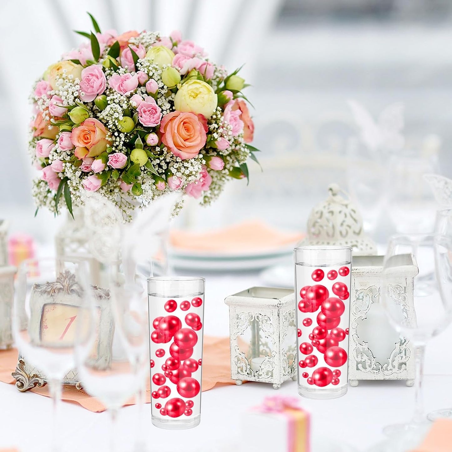 100PCS Watermelon Red Faux Pearls Beads for Centerpiece Vases, Vase Filler Faux Pearls, No Holes Filler Beads for Party Anniversary Birthday Wedding Table Decor, 14/20/30mm