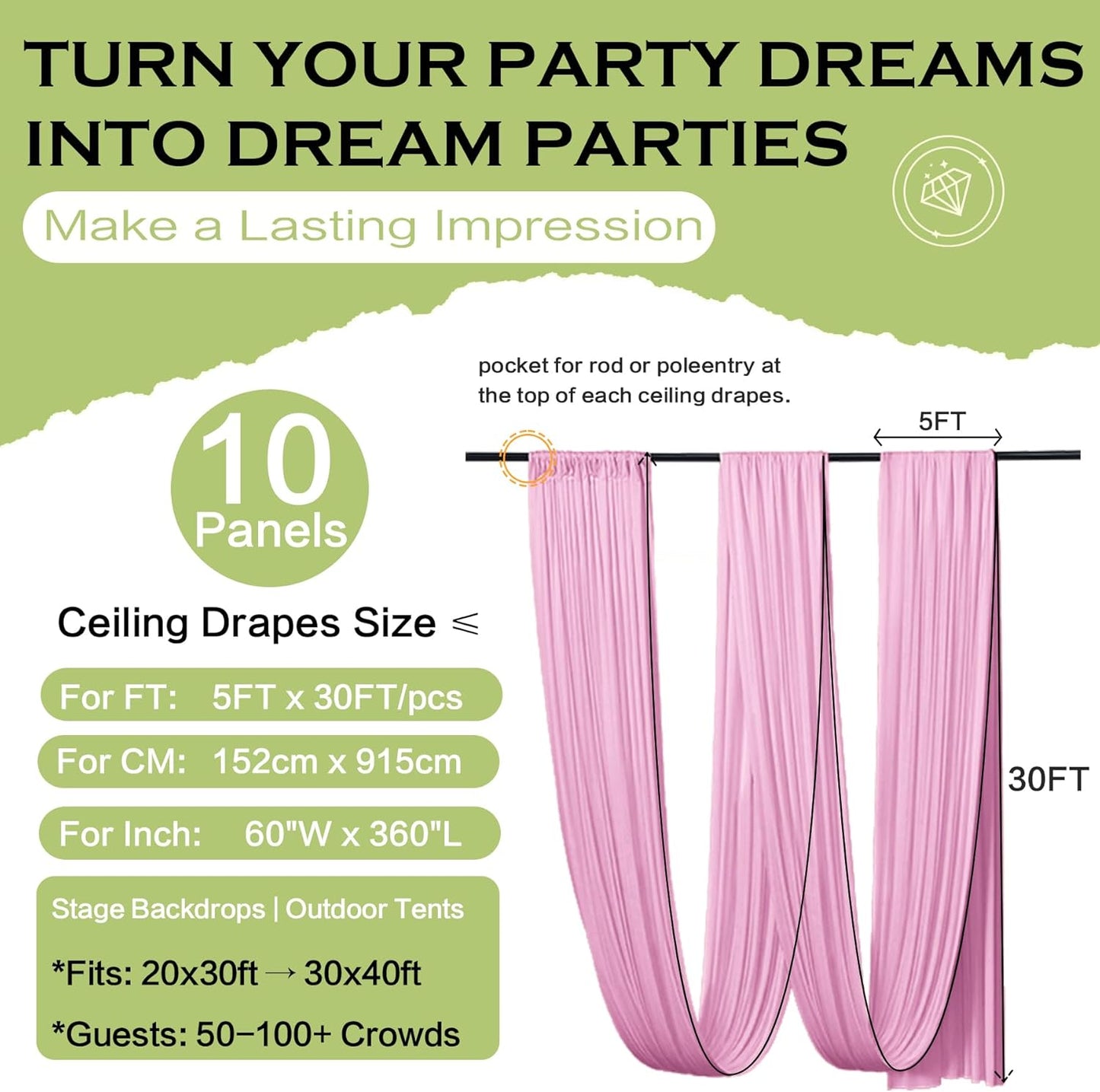 PartyVillage 10 Panels 5ftx30ft Baby Pink Ceiling Drapes for Wedding Parties – 30 FT Extra Long Thick Polyester Wrinkle-Free Drapery Tent Decor Decorations for Birthday Party Ceremony Stage Swag