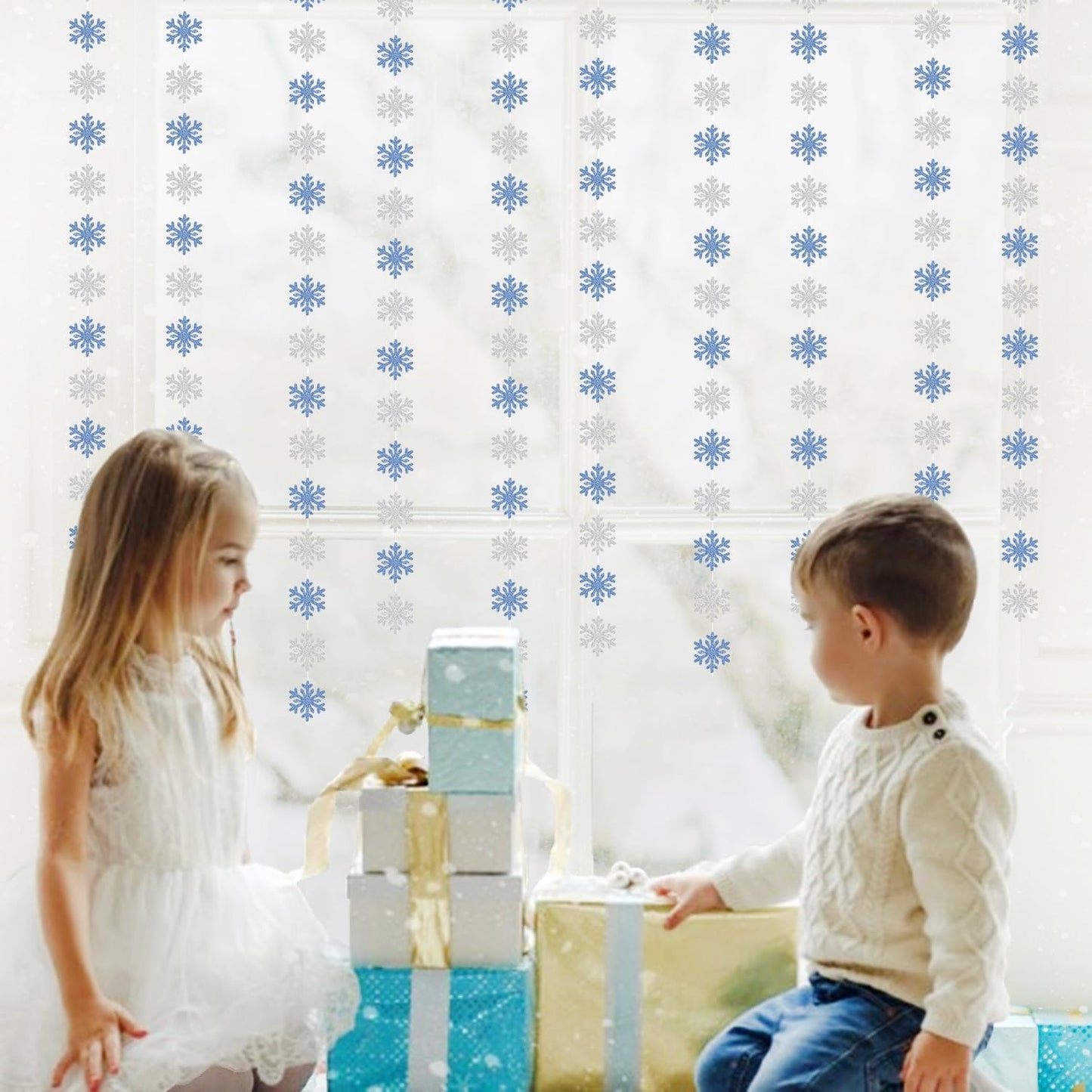 Snowflake-Snow Blue-Silver Christmas Party-Decoration Garland - 52ft Winter Wonderland Frozen Ornaments Hanging Paper Streamers,New Years Birthday Baby Shower Ceiling Decor Hugfond