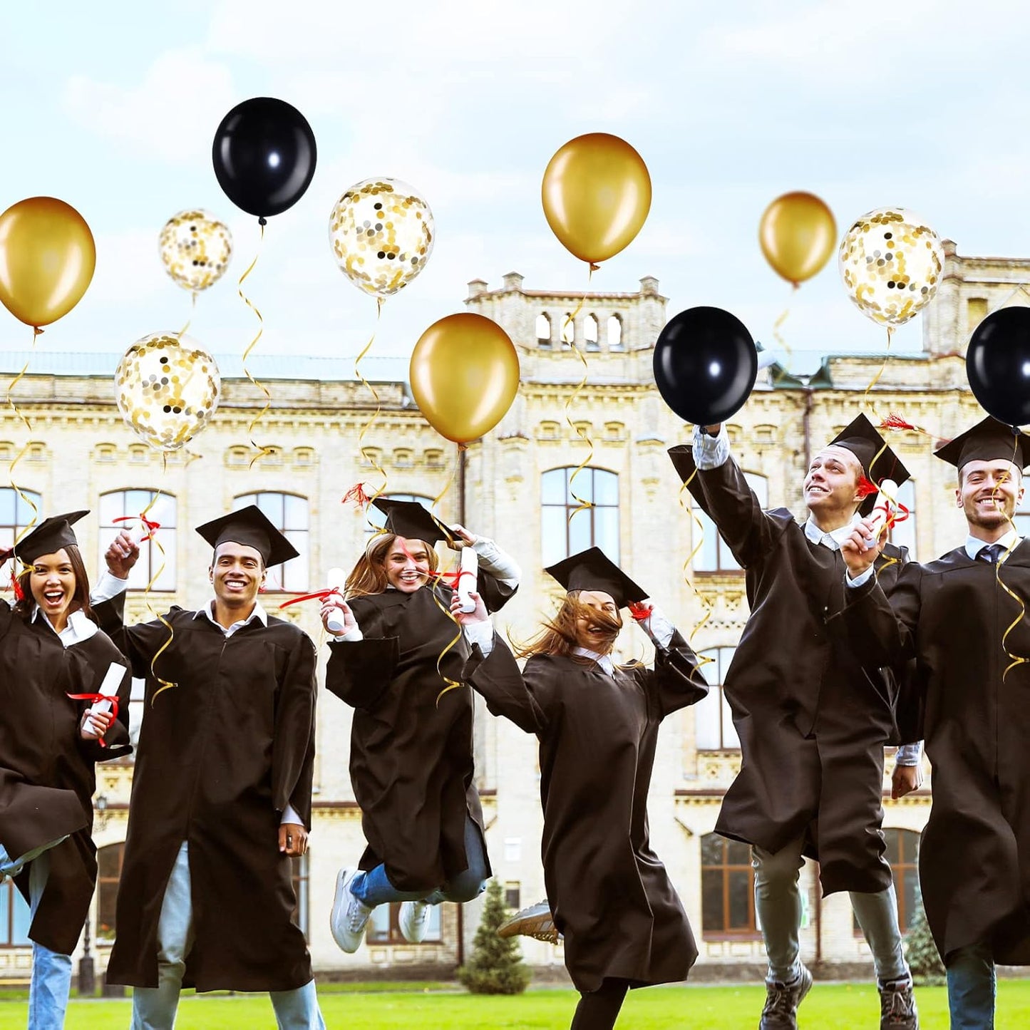 56 Pcs Balloon and Balloon Weights, 50 Pieces Balloons Decorative Birthday Confetti Balloons 6 Pieces Balloon Weights Pack Holder Balloons Party Wedding Birthday Decors(Black, Gold Series)