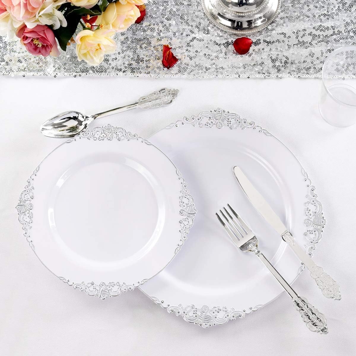 Liacere 150PCS Silver Plastic Plates with Silver Cutlery - Disposable Plastic Plates Include 30Dinner Plate, 30Dessert Plate, 30Knives, 30Spoons, 30Forks - Ideal for Wedding&Christmas