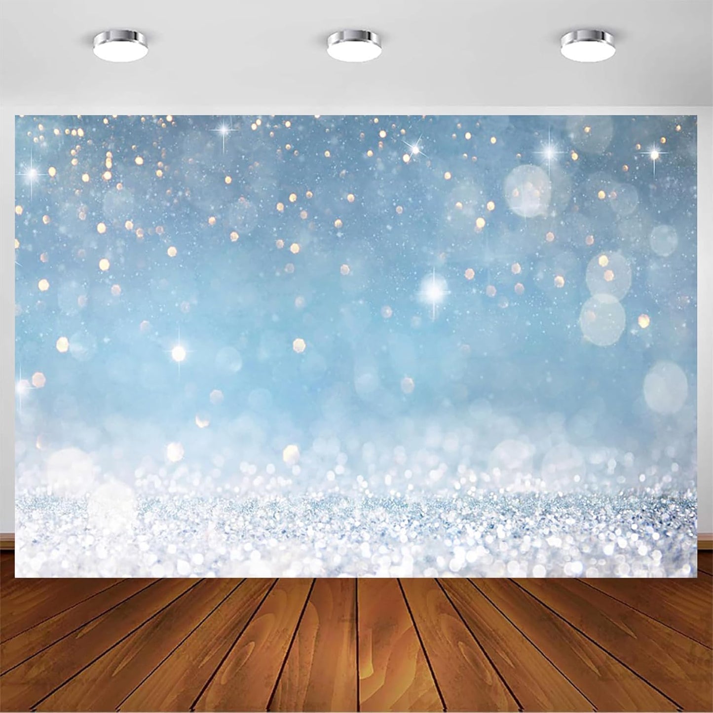 10x8ft Blue Bokeh (Not Glitter) Backdrops Birthday Party Abstract Golden Sparkling Spots Photography Background Baby Shower Wedding Prom Graduation Party Bokeh Decor Banner Photoshoot Props