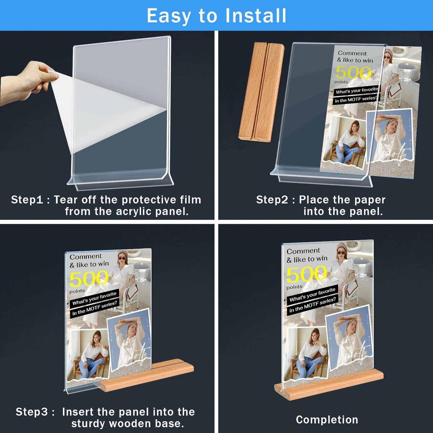 Kersally Acrylic Sign Holder 11 x 8.5'', 3 Pack Double-Sided Clear Table Display Stands with Wood Base,Horizontal Acrylic Frame Menu Flyer Paper Holder for Store, Restaurant, Hotel, Office, Show Fair