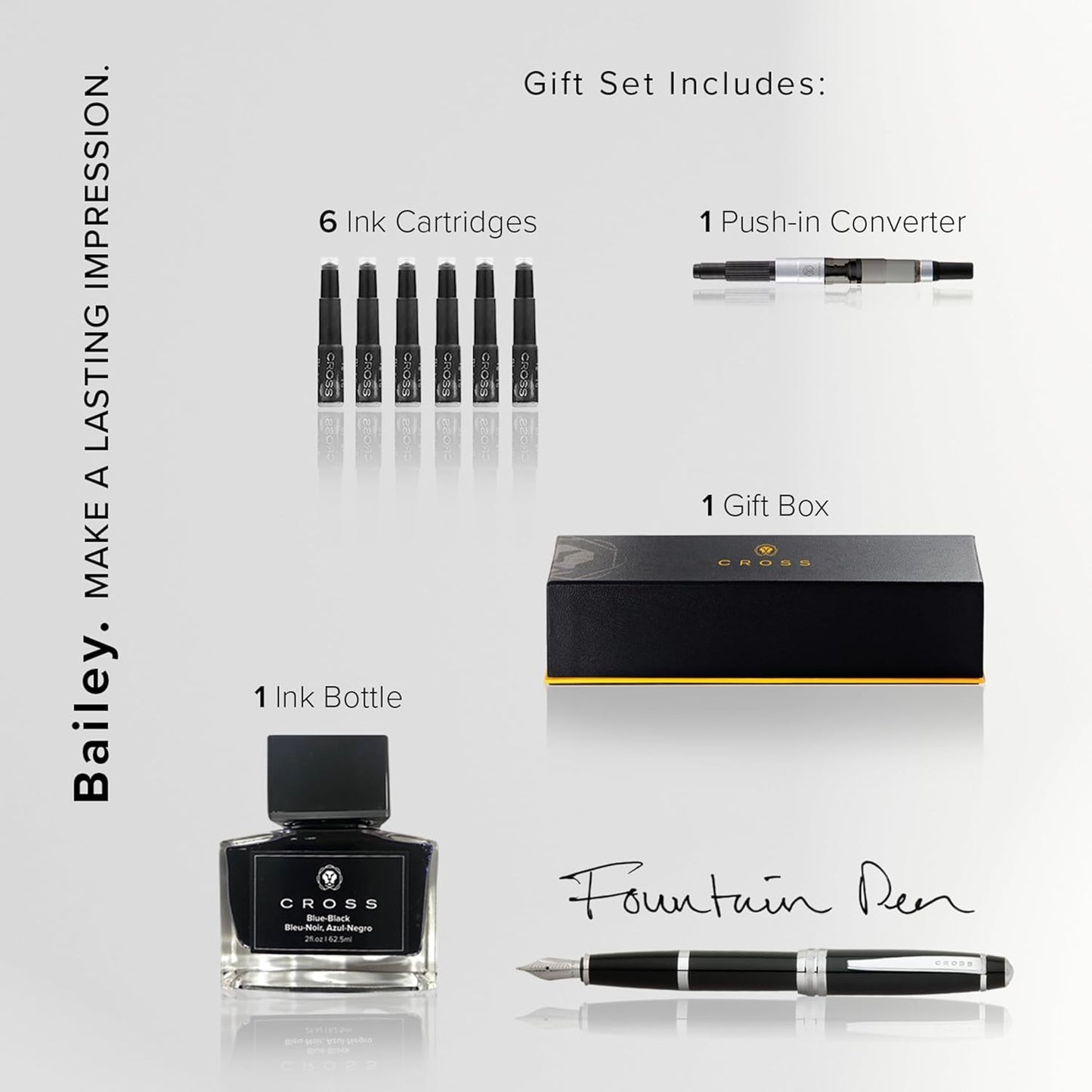 Cross Bailey Refillable Fountain Presented in a Premium Gift Box - Medium Point, Black Ink, Black