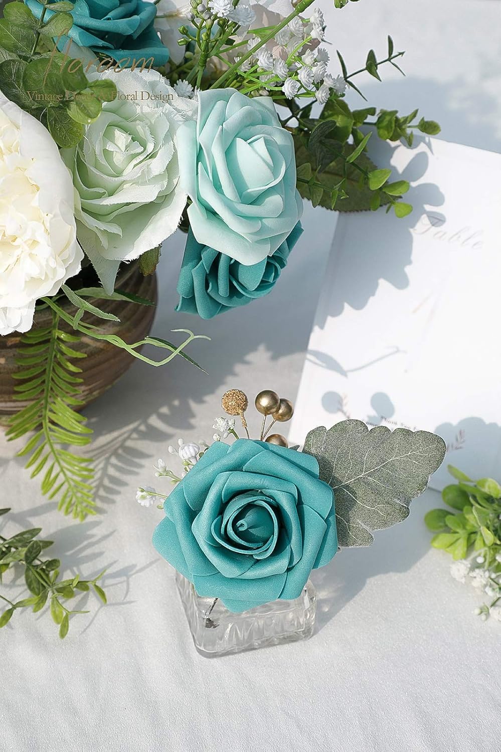 Floroom Artificial Flowers 25pcs Real Looking Teal Green Foam Fake Roses with Stems for DIY Wedding Bouquets Baby Shower Centerpieces Party Tables Home Decorations