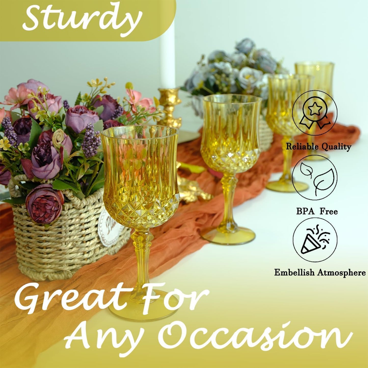 Plastic Wine Glasses,100PCS Gold Plastic Goblets Vintage Style Cordial Drinking Glasses for Wedding Reception, Grand Event Party Supplies (100, Gold)