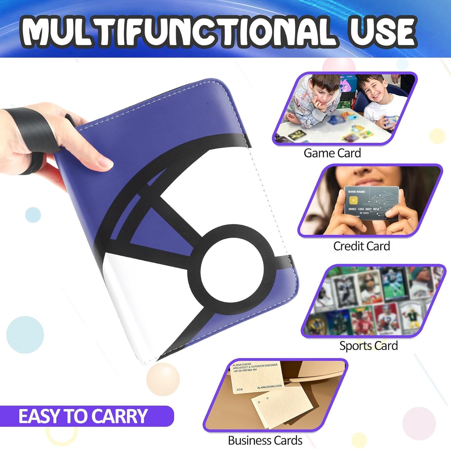 Trading Card Binder 4-Pockets, 400 Pockets Card Holder with 50 Removable Sleeves, Large Capacity & Waterproof Zipper Album Holder for Trading Card Collector, Portable Card Album Book for Card-Blue