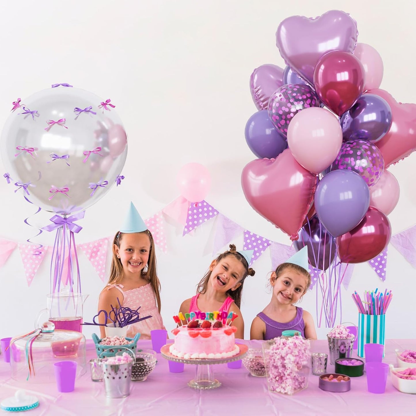 Purple and Pink Balloons Heart Balloons as Princess Birthday Party Decorations, Metallic Magenta Hot Pink Purple Confetti Balloon 18 inch Clear Heart Shape Balloon for Girls Happy Birthday Party Decor