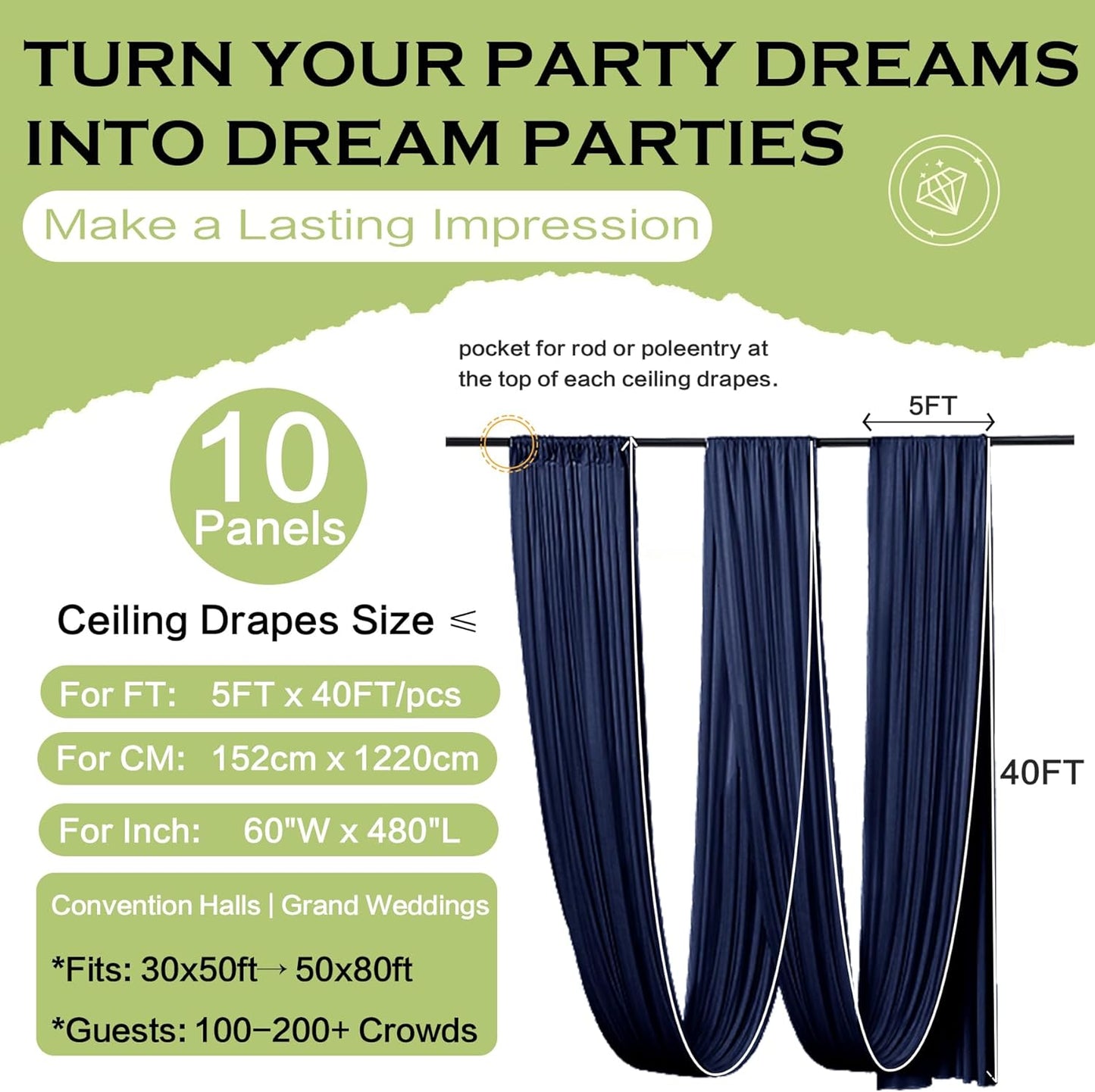 PartyVillage 50ftx40ft Navy Blue Ceiling Curtain for Wedding Parties – 10 Panels Wrinkle-Free 40 FT Long Tent Draping Curtains for Wedding, Birthday & Theme Parties, 40ft Height with Rod Pocket