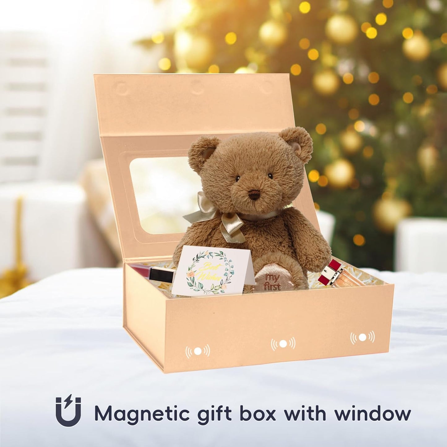 TIACABO Rose Gold Large Gift Box with Window, 13.5"x9"x4.3" Bridesmaid Boxe for Gifts Giving,Birthday Gift Boxes with Magnetic,Closure Lid Gifts Box for Presents,Cute Boxe,Luxury for Gift Packaging