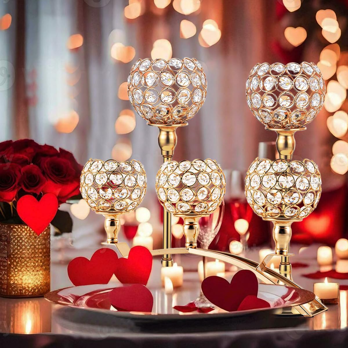 Vincigant Gold Crystal Candle Holders Set of 8 with 4Sets Crystal Candelabra 3 Arm Candlesticks Holder Table Centerpiece,Candelabra Centerpieces for Wedding Party Anniversary Home Living Room Decor