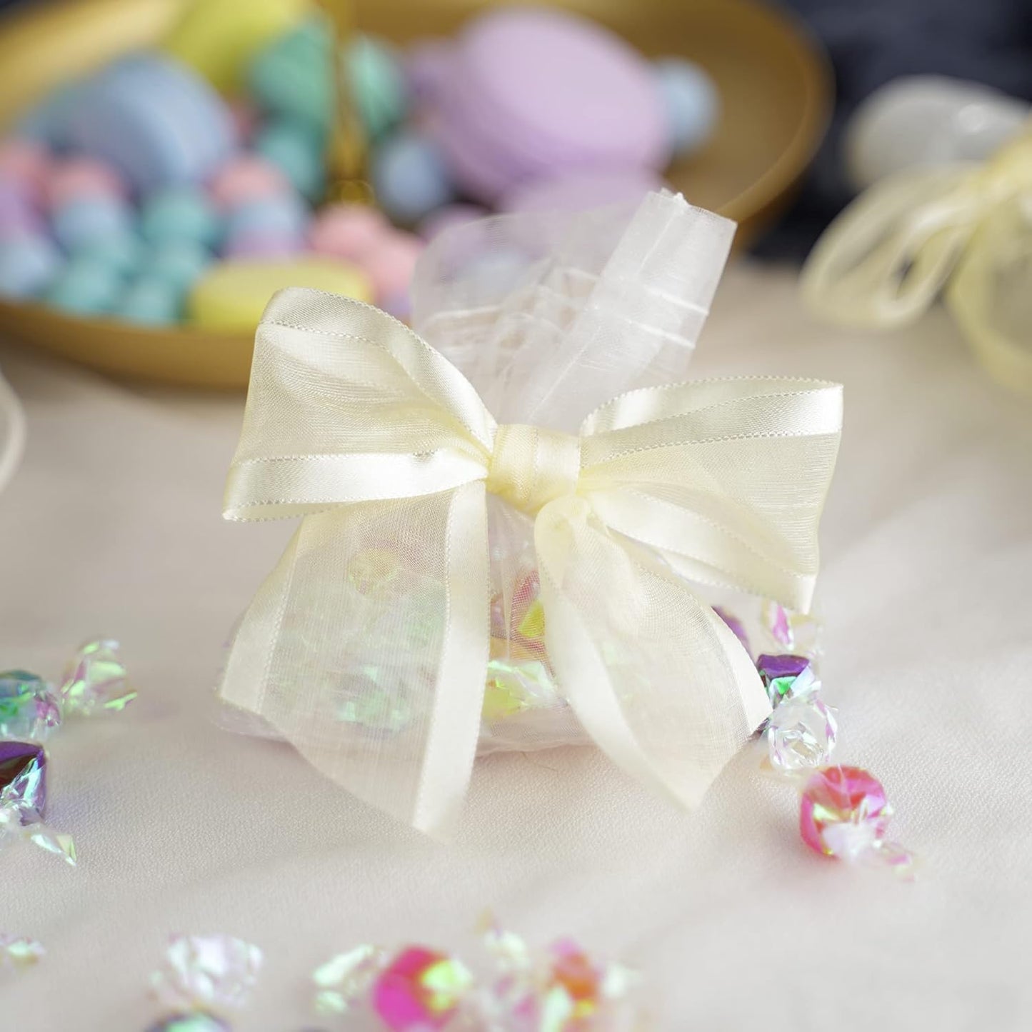 AIMUDI Ivory Bows for Weddings 4" Organza Bows Premade Twist Ties Bows for Gift Wrapping Crafts Treat Bags Baskets Cake Pop Baby Shower Birthday Decor - 12 Counts