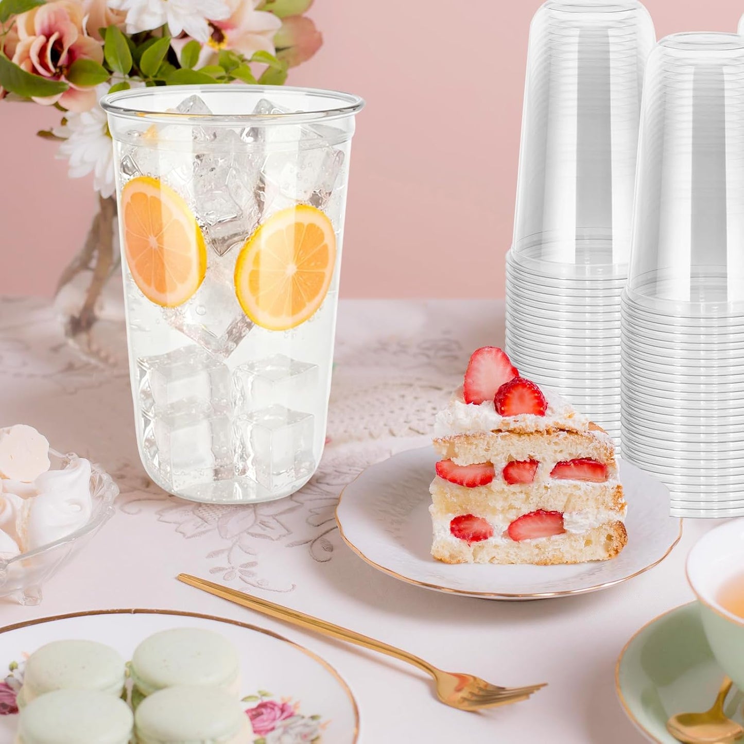 60 Pcs Disposable Stemless Clear Glasses 18 oz NATURAL Arc Crystal Plastic wine glasses Clear Classic Pet Cup for Meeting Weddings Birthdays Cocktail Christmas Party Supplies