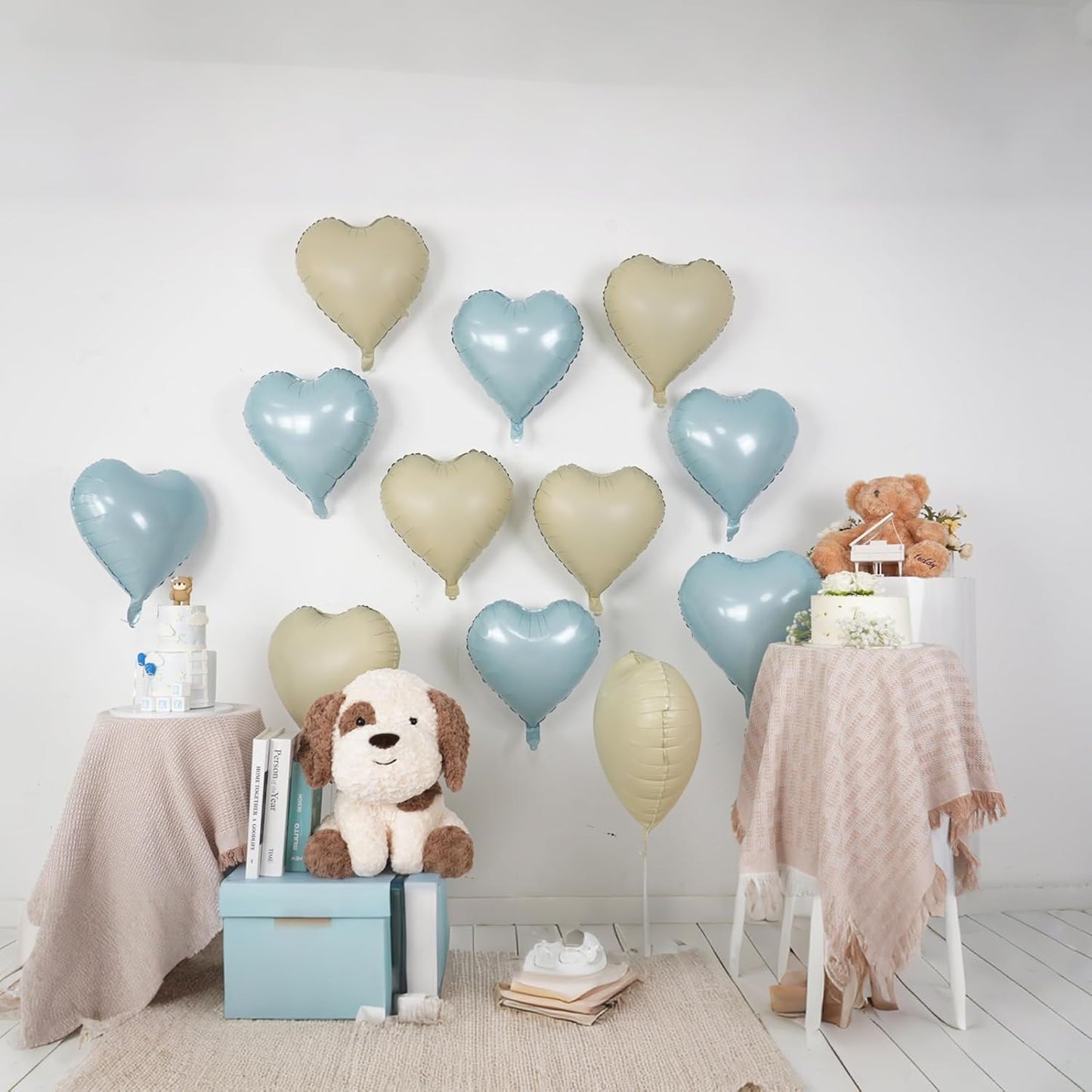 Baby Blue White Heart Balloons,12Pcs 18 Inch Blue Cream Foil Love Heart Shaped Balloons for Baby Shower Table Decor Birthday Party Bridal Engagement Wedding Anniversary Valentines Day Decorations