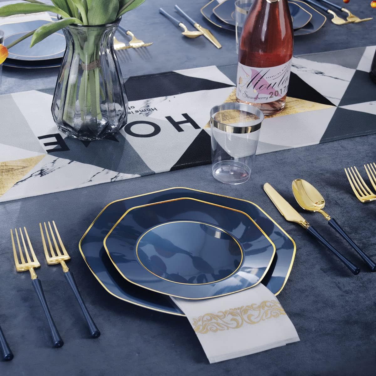 KIRE 140Pcs Blue Plastic Plates with Gold Rim - Gold Disposable Plastic Silverware with Blue Handle&Clear Cups&Hand Napkin - Geometric Party Plates for Holiday/Party