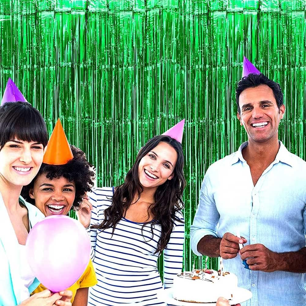 4 Pack Green Foil Fringe Curtain Backdrop, 3.28Ft x 8.2Ft Metallic Tinsel Foil Fringe Streamer Curtains for Photo Booth Props Decor Party Supplies