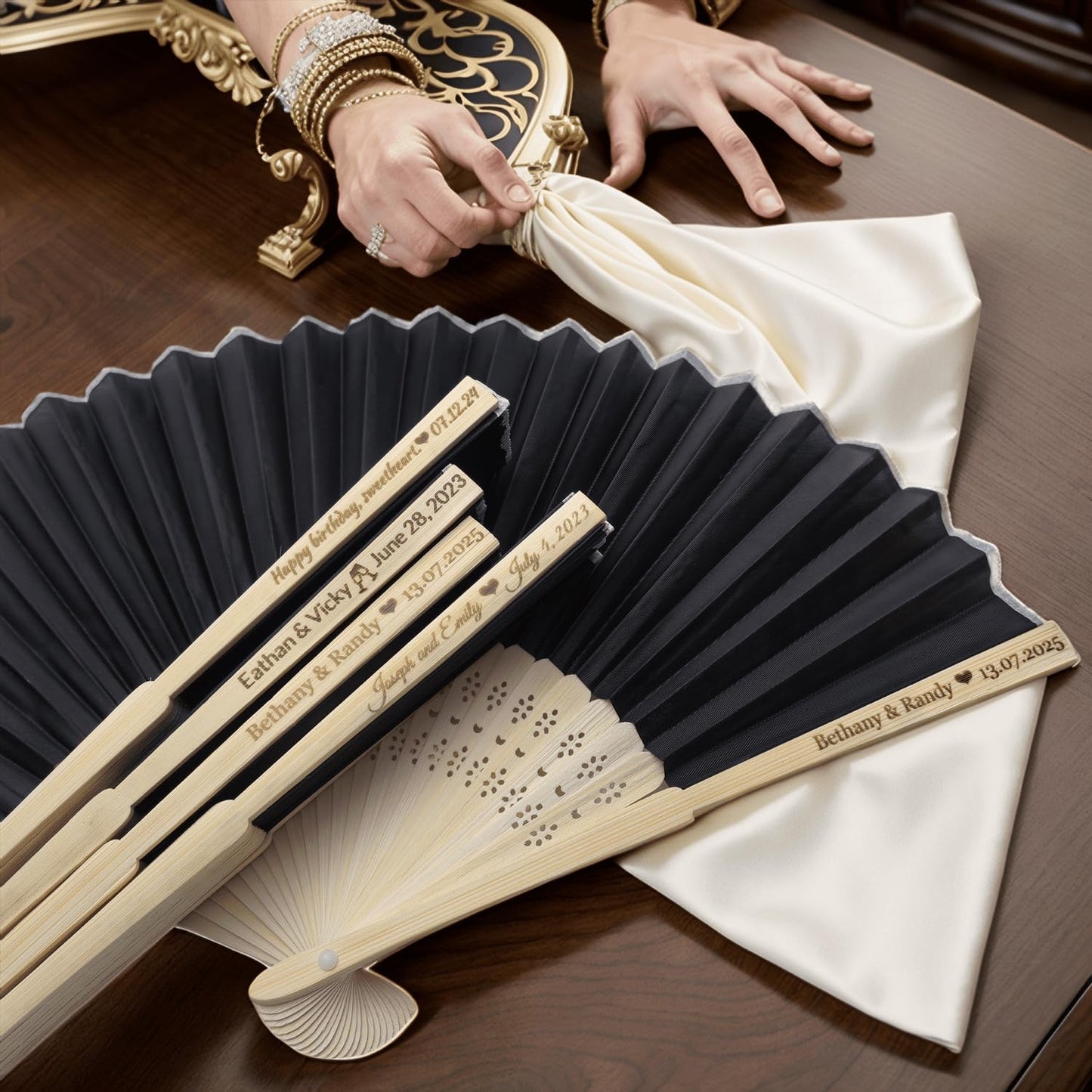 20Pcs Personalized Silk Fans Folding Hand Fan, Custom Wedding Bridal Party Favors, Summer Wedding Bride, Wedding Gift, Thank You Gift (Black)