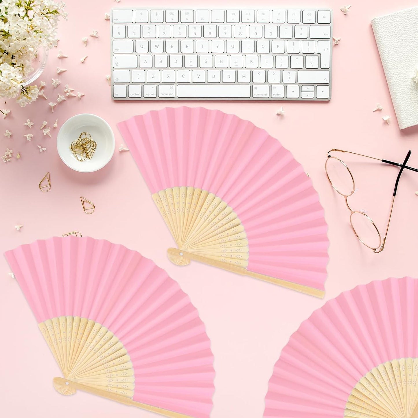 12 Pieces Pink Hand Held Bamboo Folding Fans Paper Fans Handheld for Women Foldable Girls Wedding DIY Decoration Church Home Party Favors Summer
